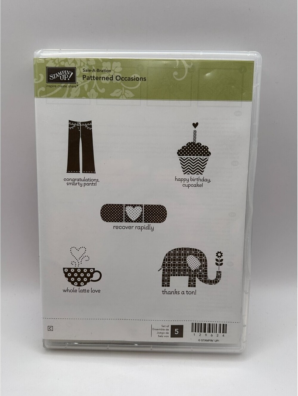 Stampin' Up! Patterned Occasions Clear Rubber Stamp Set 5 Pc Elephant Coffee